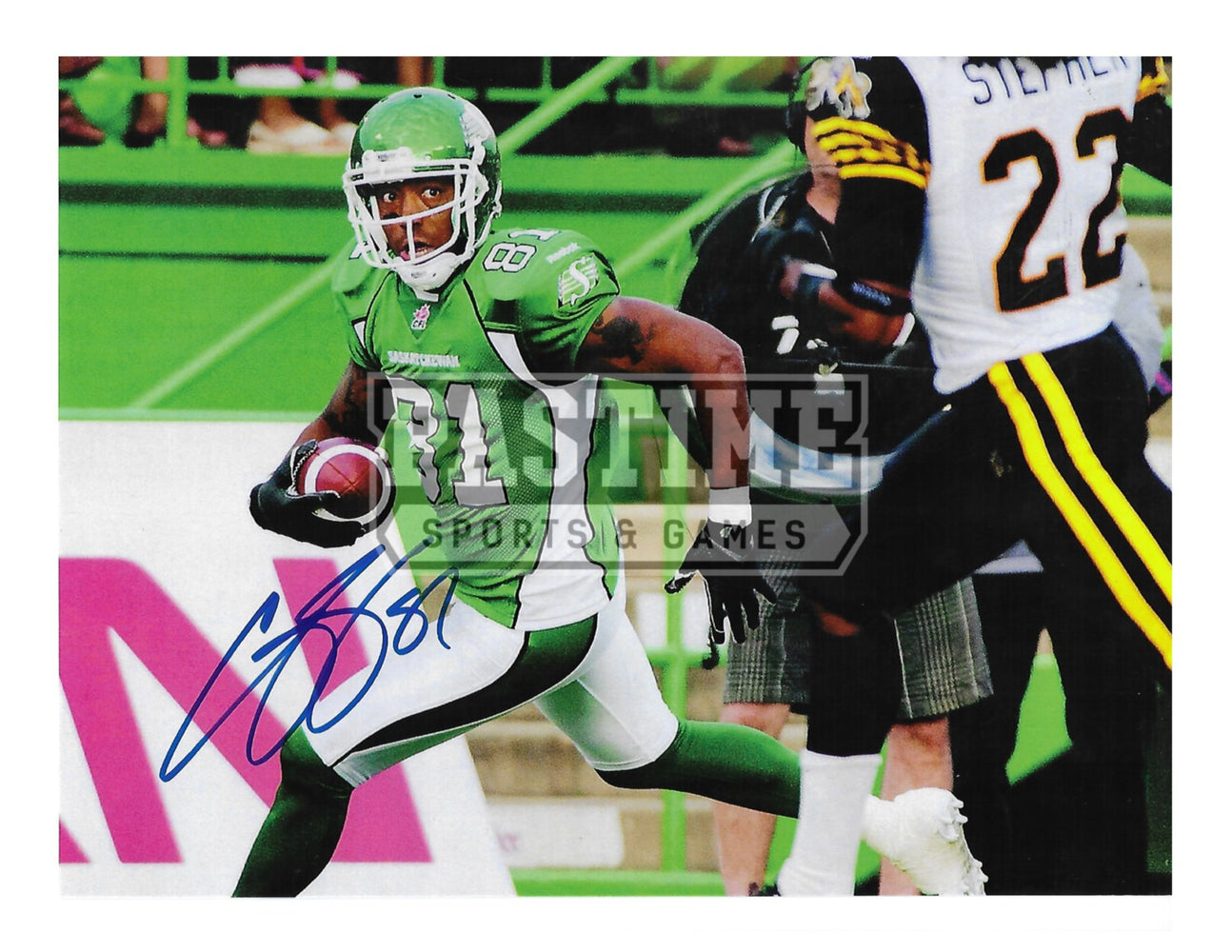 Geroy SImon Autographed 8X10 Saskatchewan Roughriders Home Jersey (Running With Ball) - Pastime Sports & Games