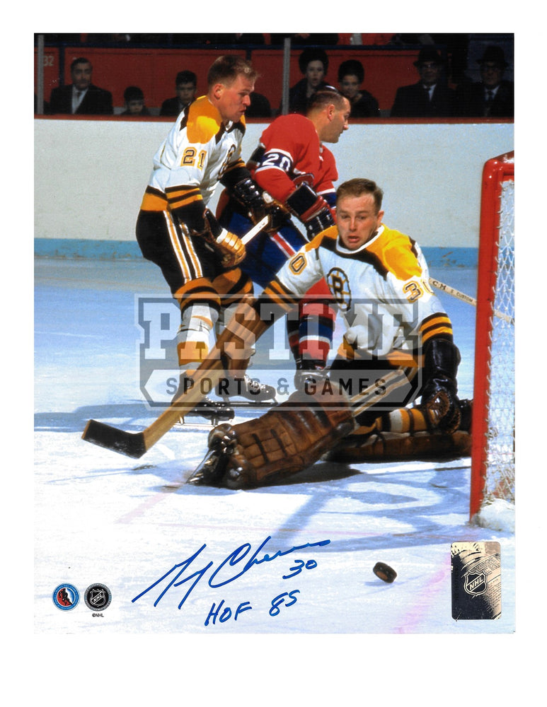 Gerry Cheevers Autographed 8X10 Boston Bruins Away Jersey (Saving Puck No Mask) - Pastime Sports & Games