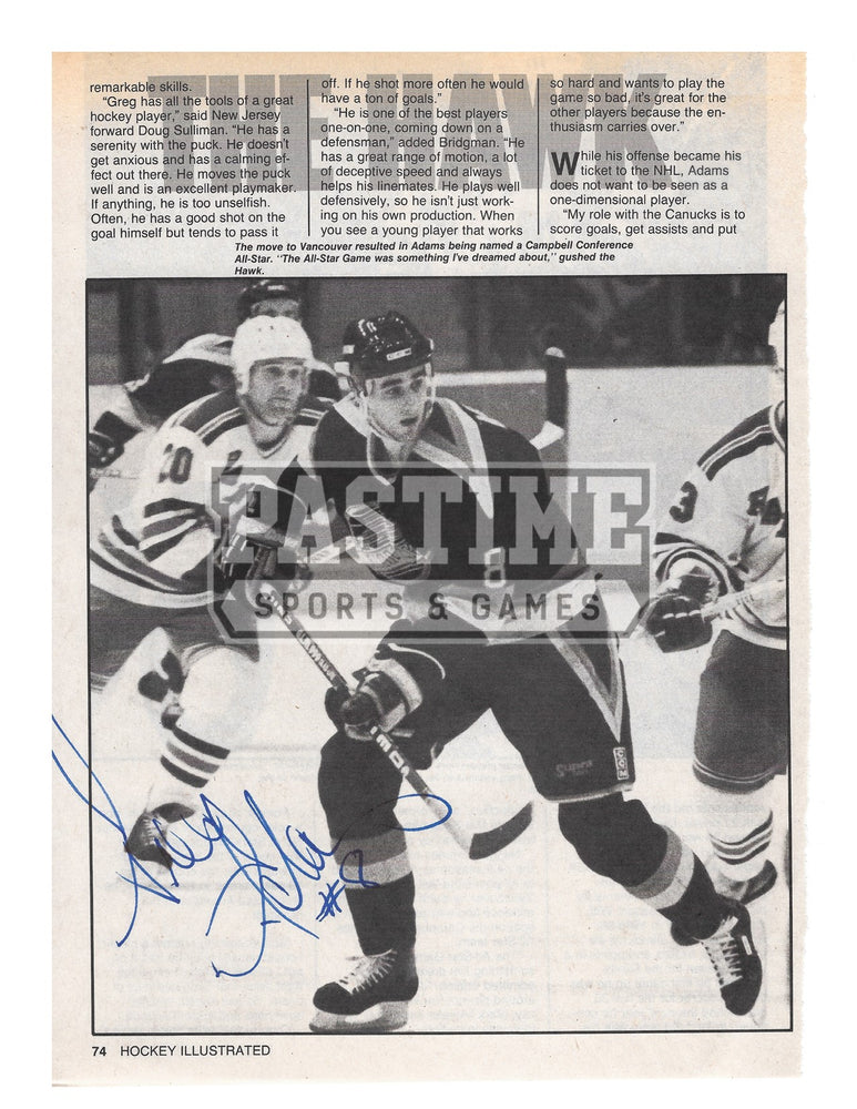 Greg Adams Autographed Newspaper 8X10 Vancouver Canucks Home Skate Jersey (The Hawk) - Pastime Sports & Games