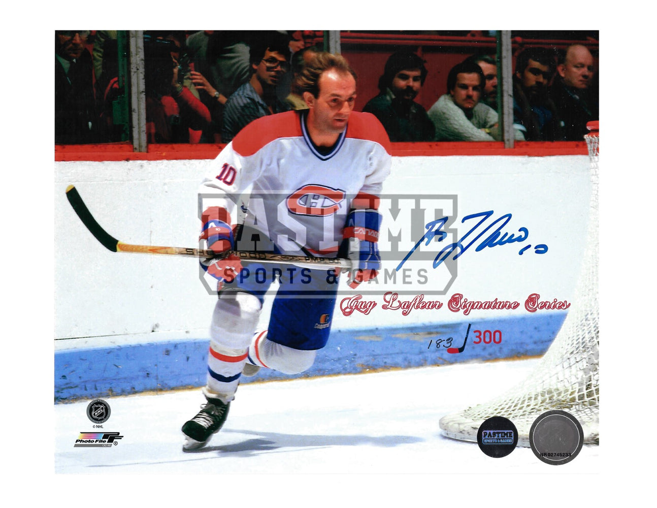 Guy Lafleur Autographed 8X10 Montreal Canadians Away Jersey (Signature Series # out of 300 Skating Behind Net) - Pastime Sports & Games