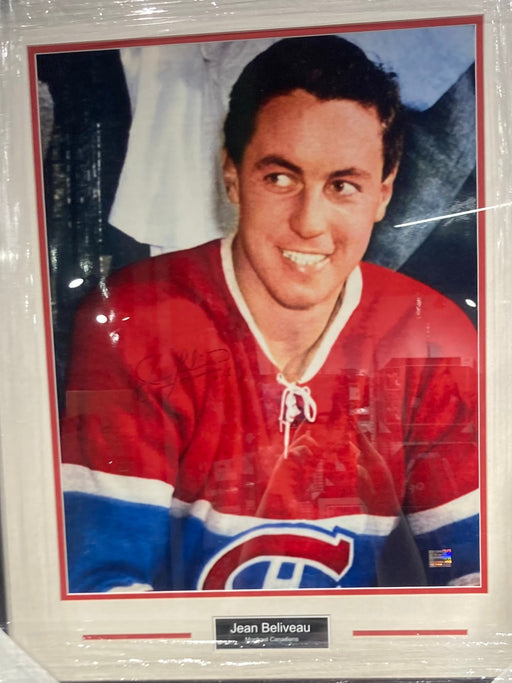 Jean Beliveau Autographed Framed 16X20 Montreal Canadiens Home Jersey (Smiling) - Pastime Sports & Games