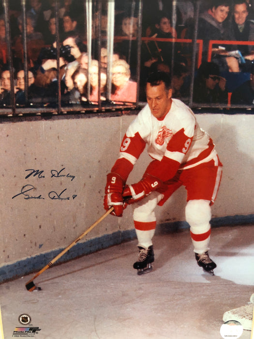 Gordie Howe Autographed 14X11 Photo Detroit Red Wings Away Jersey (By The Boards) - Pastime Sports & Games