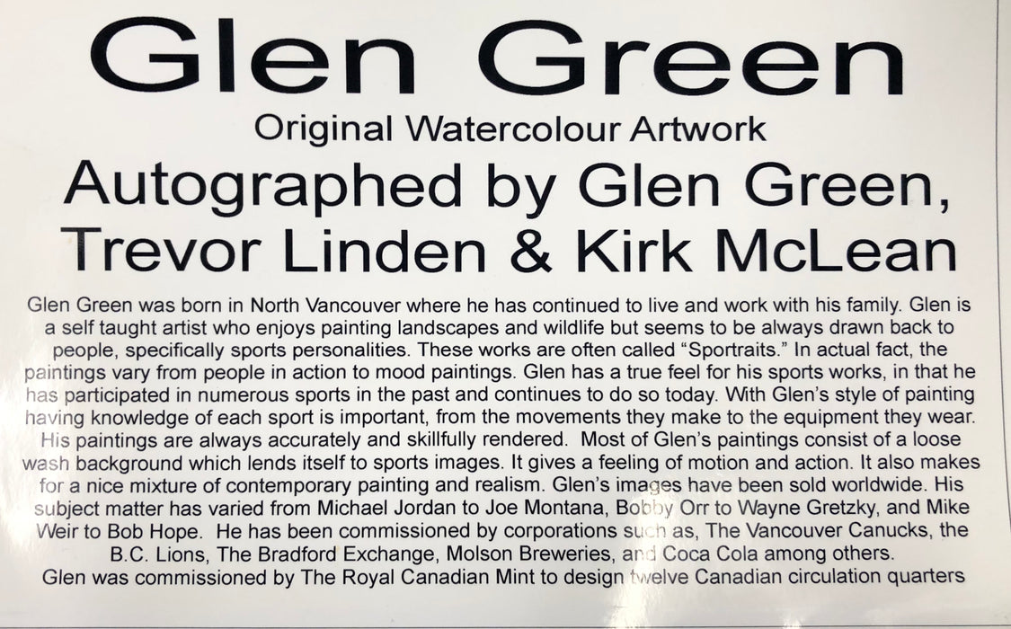 Kirk Mclean, Trevor Linden & Glen Green Autographed Framed Original Watercolour Painting - Pastime Sports & Games