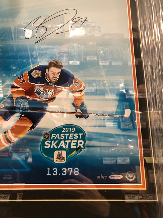 Connor McDavid Autographed “3X FASTEST SKATER” Framed Photo - Pastime Sports & Games