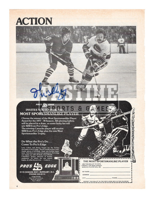 Jack Mcilhargey Autographed 8X10 Vancouver Canucks Away Jersey (News paper) - Pastime Sports & Games