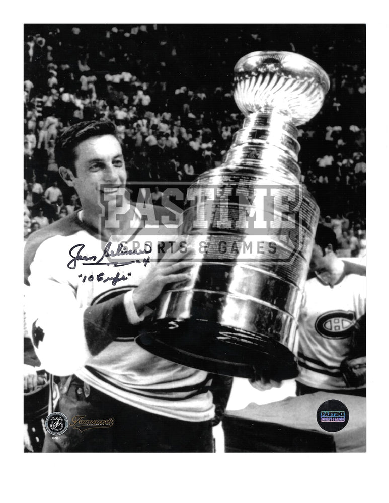 Jean Beliveau Autographed 8X10 Montreal Canadians Away Jersey (Black and White Holding Cup) - Pastime Sports & Games