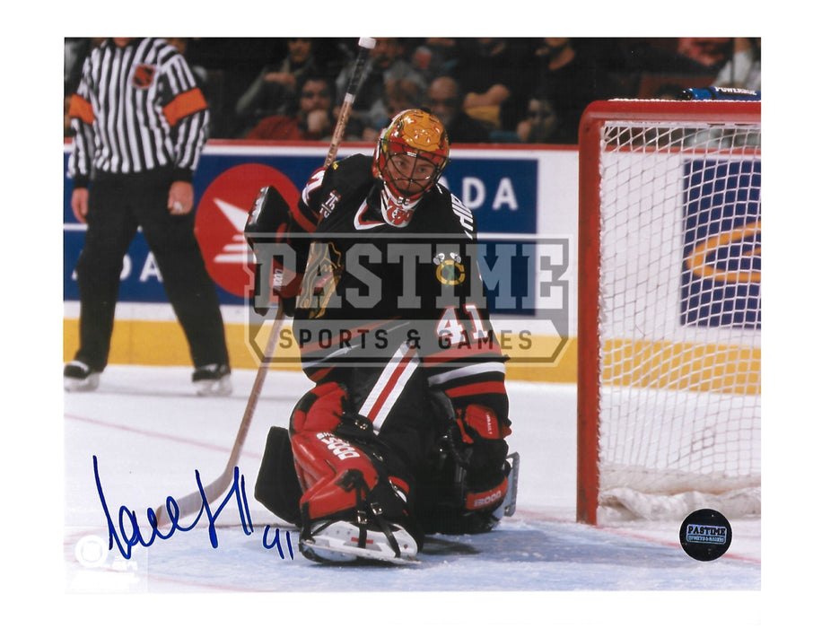 Jocelyn Thibault Autographed 8X10 Chicago Blackhawks Home Jersey (Making a Save) - Pastime Sports & Games