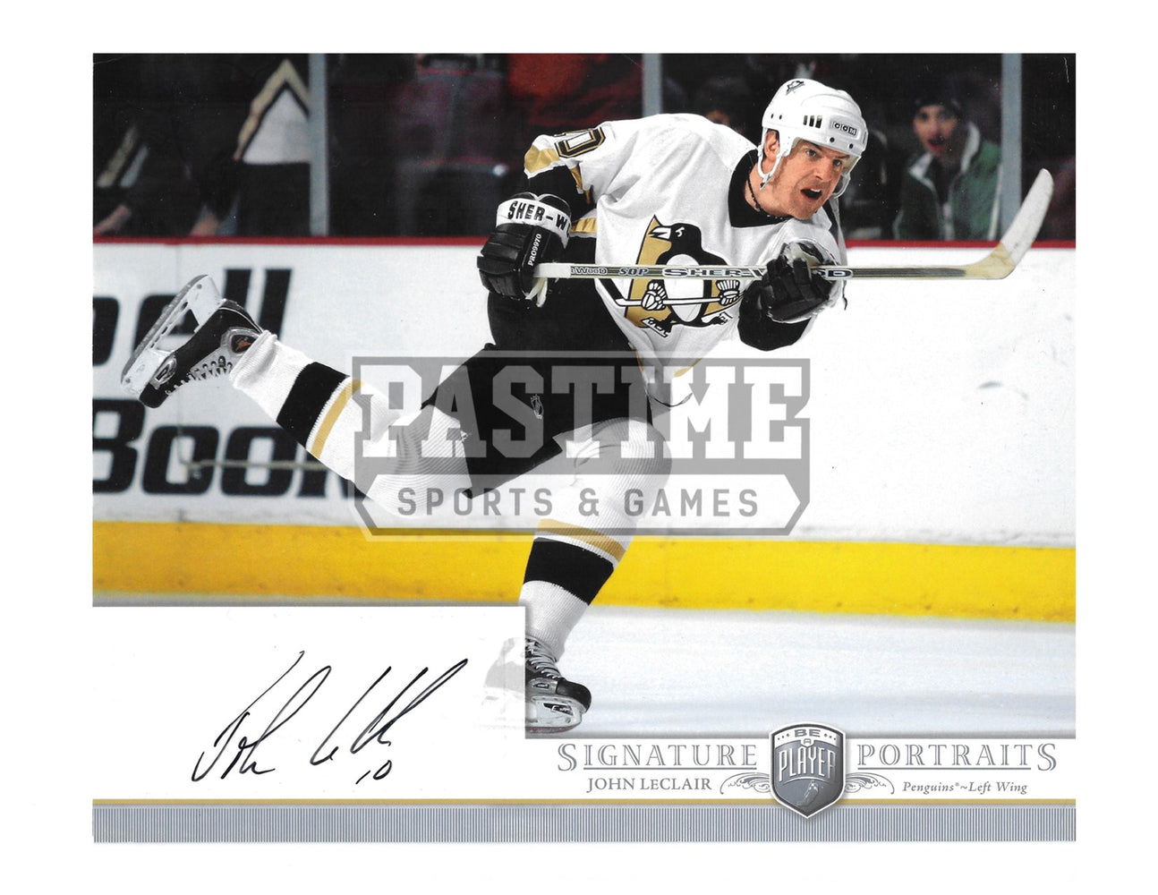 John Leclair Autographed 8X10 Pittsburgh Penguins Away Jersey (Signature Portraits) - Pastime Sports & Games