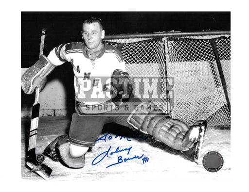 Johnny Bower Autographed 8X10 New York Rangers Away Jersey (Catching Puck) - Pastime Sports & Games