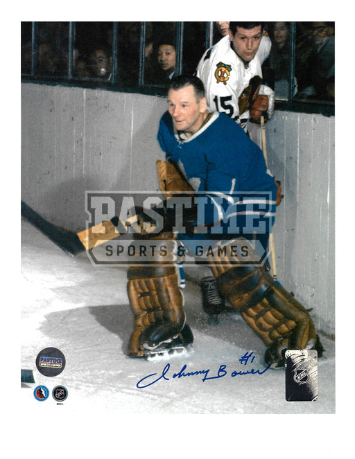 Johnny Bower Autographed 8X10 Toronto Maple Leafs Home Jersey (By Boards Without Mask) - Pastime Sports & Games