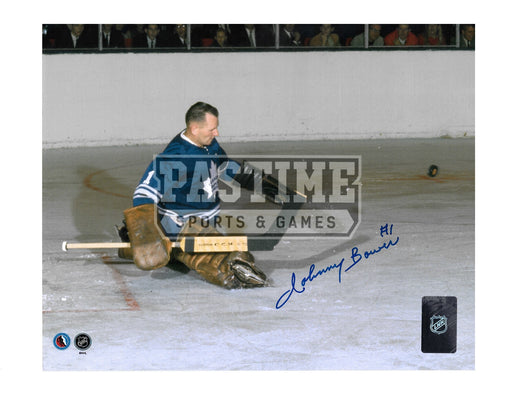 Johnny Bower Autographed 8X10 Toronto Maple Leafs Home Jersey (Saving the Shot) - Pastime Sports & Games
