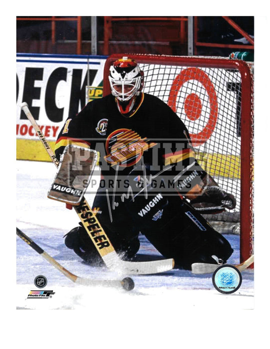 Kirk Mclean Autographed 8X10 Vancouver Canucks 94 Home Jersey (Saving The Shot Horizontal) - Pastime Sports & Games