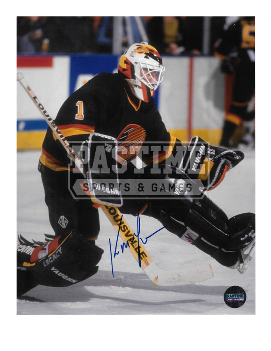 Kirk Mclean Autographd 8X10 Vancouver Canucks 94 Home Jersey (Leg Up) - Pastime Sports & Games