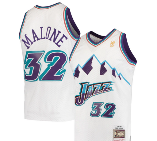 1996-97 Utah Jazz Karl Malone Mitchell & Ness White Basketball Jersey - Pastime Sports & Games