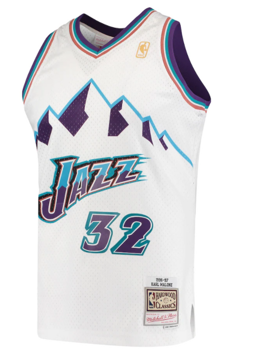 1996-97 Utah Jazz Karl Malone Mitchell & Ness White Basketball Jersey - Pastime Sports & Games