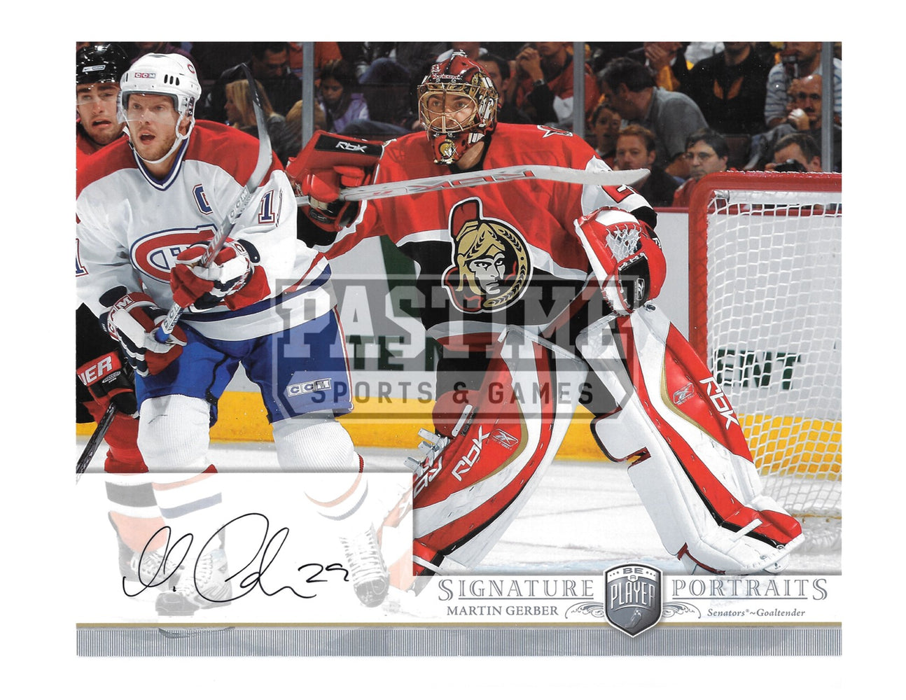 Martin Gerber Autographed 8X10 Ottawa Senators Home Jersey (Guarding Net) - Pastime Sports & Games