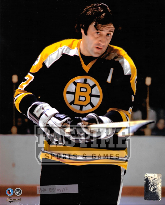 Phil Esposito 8X10 Bruins Home Jersey (Close Up Stick In The Air) - Pastime Sports & Games