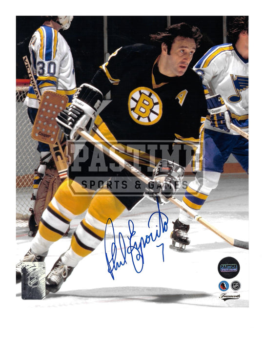 Phil Esposito Autographed 8X10 Boston Bruins Home Jersey (Skating Infront of Blues Players) - Pastime Sports & Games