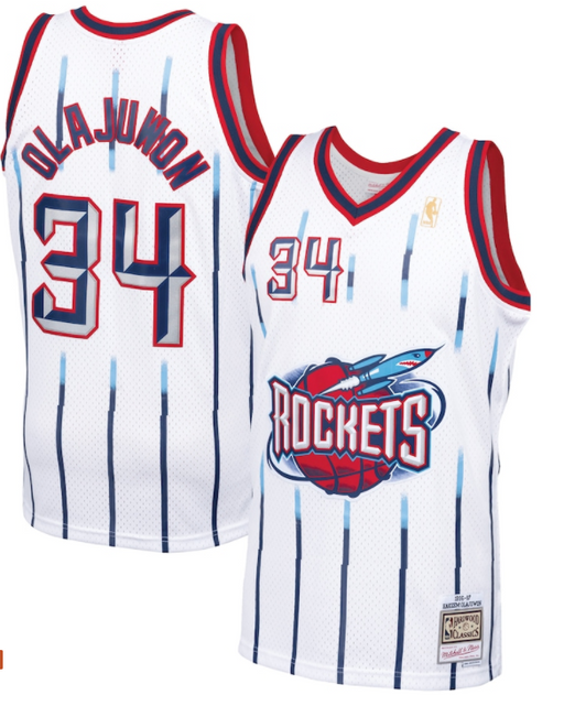 1996-97 Houston Rockets Hakeem Olajuwon Mitchell & Ness White Basketball Jersey - Pastime Sports & Games