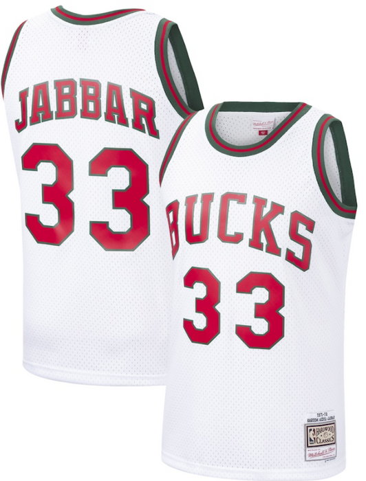 1971-72 Milwaukee Bucks Kareem Abdul-Jabbar Mitchell & Ness White Basketball Jersey - Pastime Sports & Games