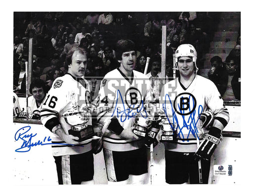 Ray Bourque, Rick Middlton, Terry O'Reilly Autographed 8X10 Boston Bruins Away Jersey (Pose) - Pastime Sports & Games