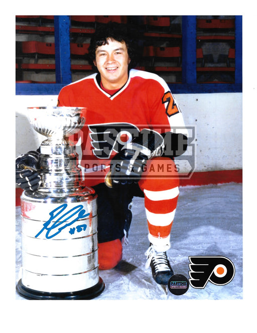 Reggie Leach Autographed 8X10 Philadelphia Flyers Home Jersey (Kneeling Beside Stanley Cup) - Pastime Sports & Games