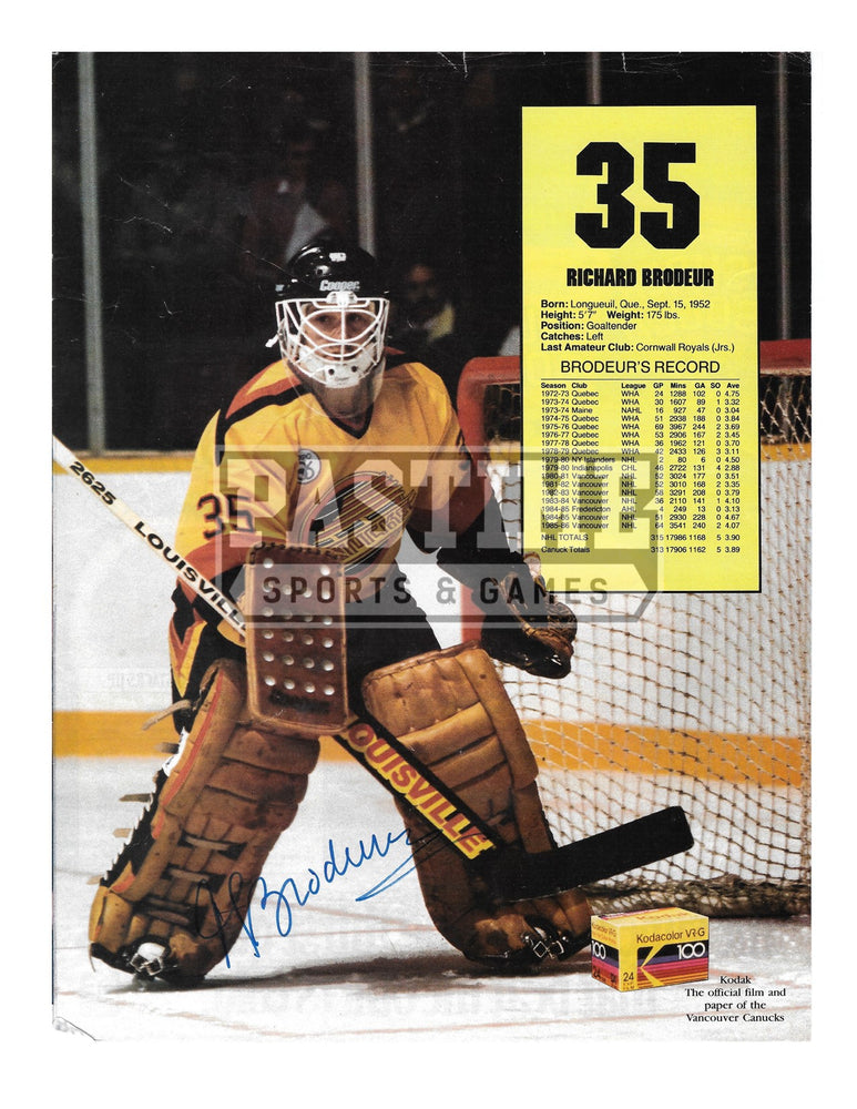 Richard Brodeur Autographed 8X10 Magazine Page Vancouver Canucks Away Skate Jersey (In Position) - Pastime Sports & Games