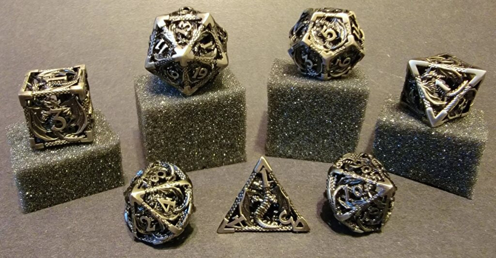 7pc RPG Hollow Metal Dice Set - Steel Dragon Silver - Pastime Sports & Games