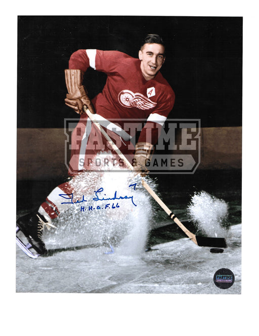 Ted Lindsay Autographed 8X10 Detroit Red Wings Home Jersey (Spraying Ice) - Pastime Sports & Games