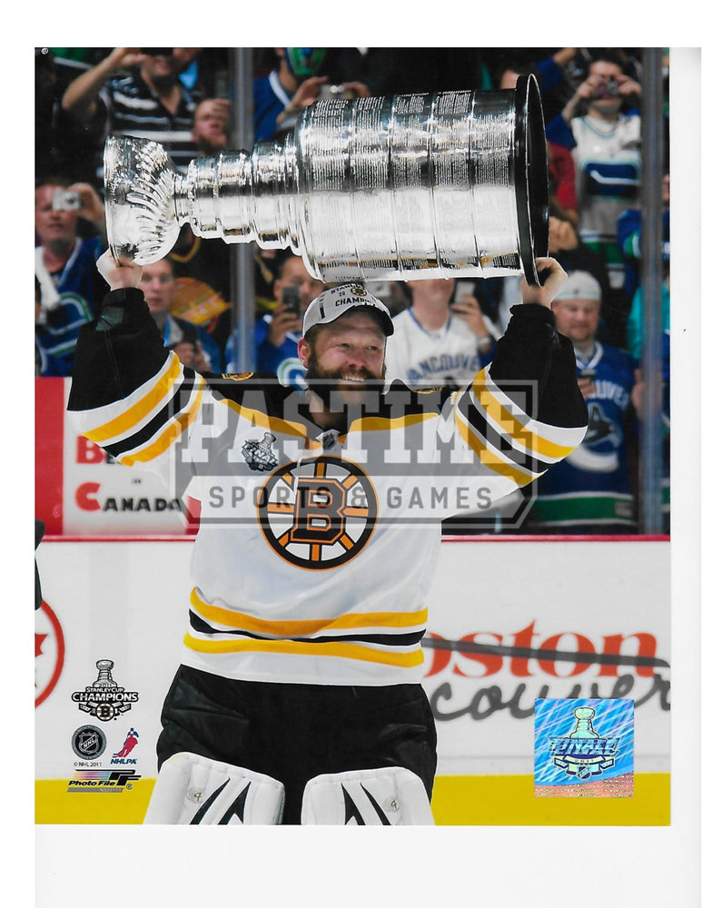 Tim Thomas 8X10 Boston Bruins Away Jersey (Stanley Cup Finals Holding Stanley Cup) - Pastime Sports & Games