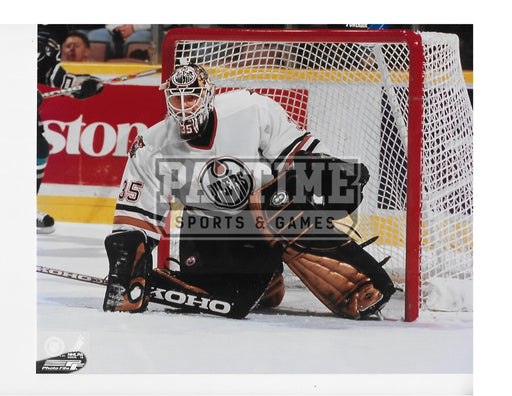 Tommy Salo 8X10 Edmonton Oilers Away Jersey (Leaning On Ice) - Pastime Sports & Games