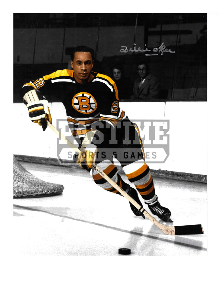 Willie O'Ree Autographed 8X10 Boston Bruins Home Jersey (Behind Net With Puck) - Pastime Sports & Games