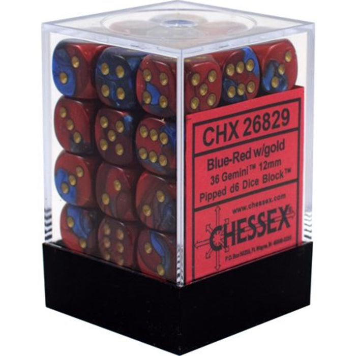Chessex 36pc D6 Dice Set Gemini Blue-Red/Gold - Pastime Sports & Games