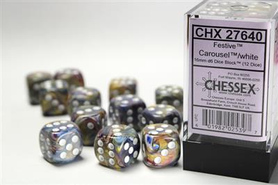 Chessex 12pc D6 Dice Set Festive Carousel/White CHX27640 - Pastime Sports & Games