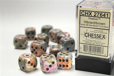 Chessex 12pc D6 Dice Set Festive Vibrant/Brown CHX27641 - Pastime Sports & Games