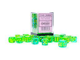 Chessex 36 D6 Dice Set Gemini Translucent Green-Yellow/Yellow CHX26866 - Pastime Sports & Games