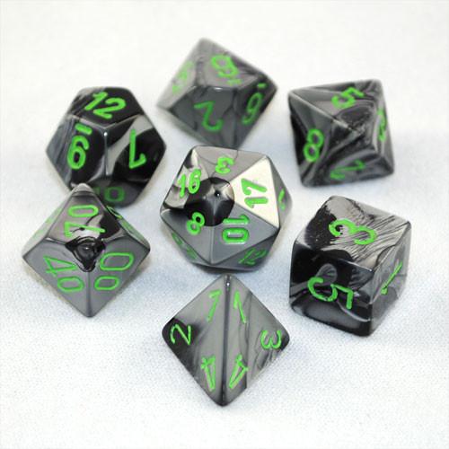 Chessex 7pc RPG Dice Set Gemini Black & Grey/Green CHX26445 - Pastime Sports & Games