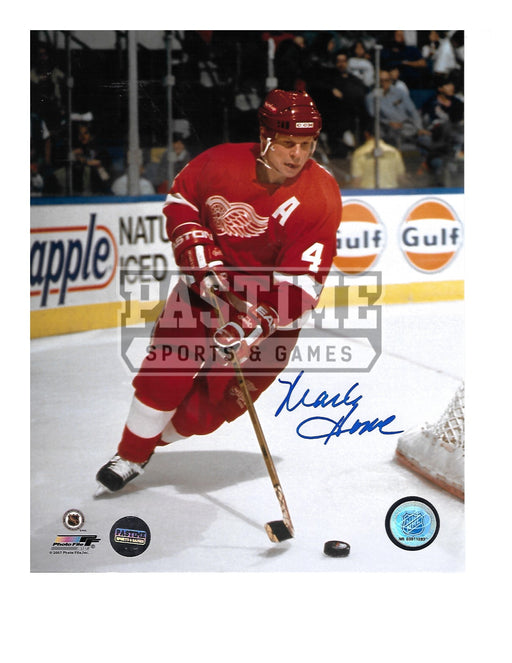 Mark Howe Autographed 8X10 Detroit Red wings Home Jersey (Skating With Puck) - Pastime Sports & Games