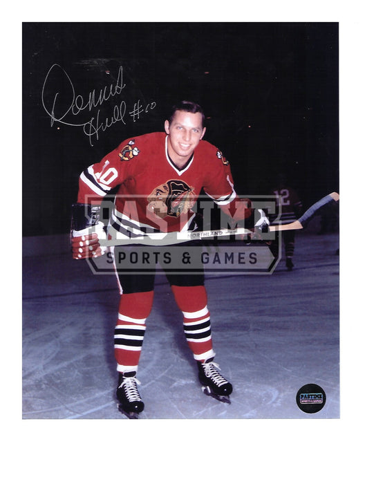 Dennis Hull Autographed 8X10 Chicago Blackhawks Home Jersey (Bending Over With Stick) - Pastime Sports & Games