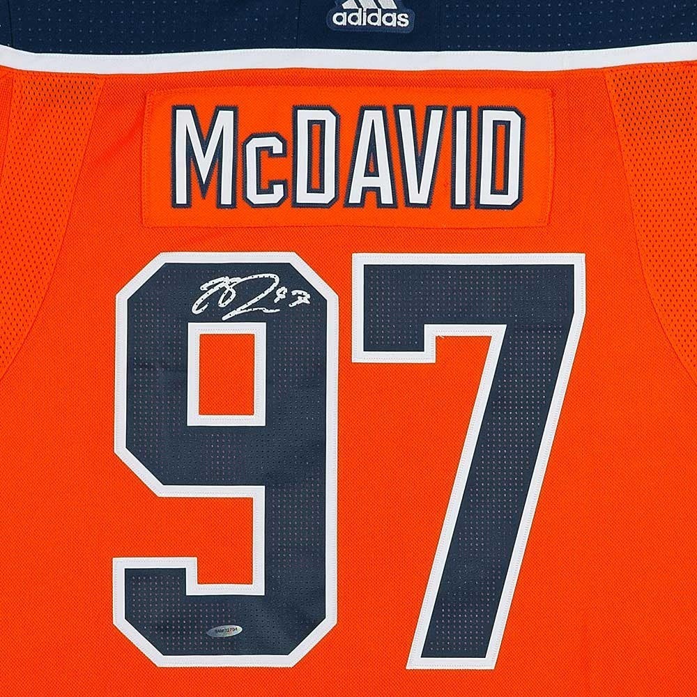 EDMONTON OILERS CONNOR MCDAVID SIGNED CELEBRATION 11X14 ORANGE JERSEY