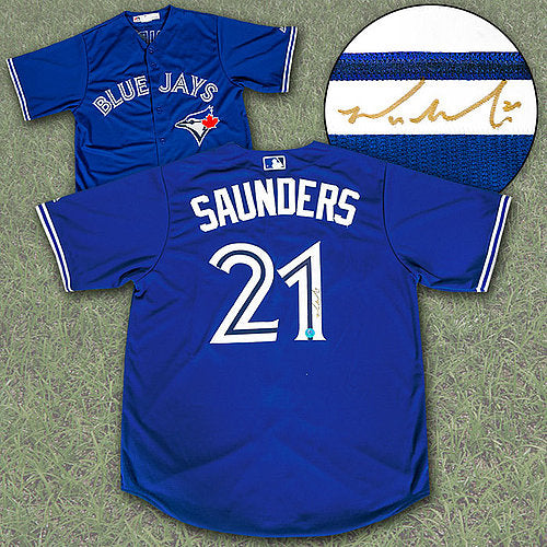 Michael Saunders Autographed Toronto Blue Jays Baseball Jersey Blue Majestic) - Pastime Sports & Games