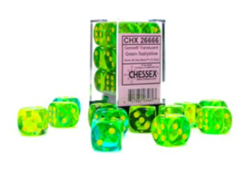 Chessex 12pc D6 Dice Set Gemini Translucent Green-Teal/Yellow CHX26666 - Pastime Sports & Games