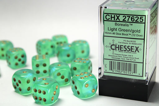 Chessex 12pc D6 Dice Set Borealis Light Green/Gold CHX27625 - Pastime Sports & Games