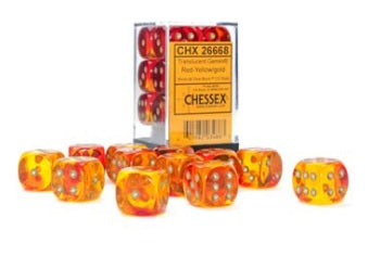 Chessex 12pc D6 Dice Set Gemini Translucent Red-Yellow/Gold CHX26668 - Pastime Sports & Games