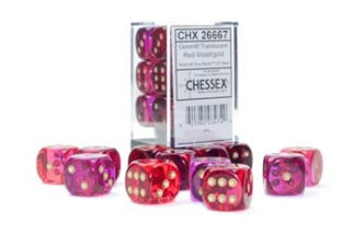 Chessex 12pc D6 Dice Set Gemini Translucent Red-Violet/Gold CHX26667 - Pastime Sports & Games