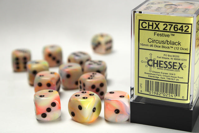 Chessex 12pc D6 Dice Set Festive Circus/Black CHX27642 - Pastime Sports & Games