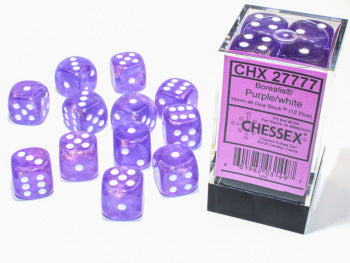 Chessex 12pc D6 Dice Set Luminary Effect Borealis Purple/White CHX2777 - Pastime Sports & Games