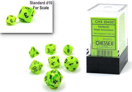 Chessex Mini 7pc RPG Dice Set Vortex Bright Green/Black (CHX20430) - Pastime Sports & Games
