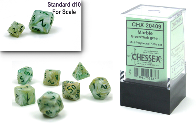 Chessex Mini 7pc RPG Dice Set Marble Green/Dark Green (CHX20409) - Pastime Sports & Games