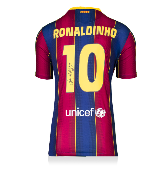 Ronaldinho Autographed FC Barcelona Home Framed Soccer Jersey - Pastime Sports & Games